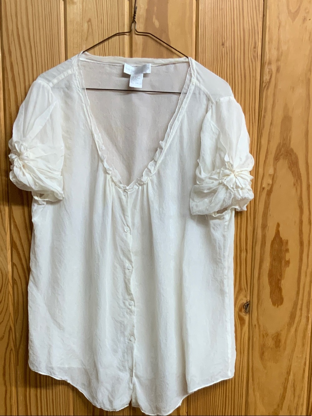 Soft Surroundings Cream Button-Front Puff Sleeve Blouse